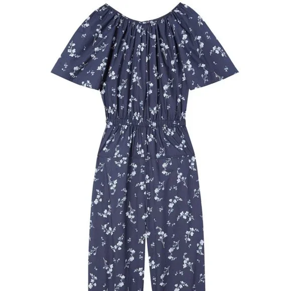 Rebecca Taylor Francine Floral Poplin Jumpsuit, Open Cape Back, Navy, Sz 6 - Picture 5 of 13